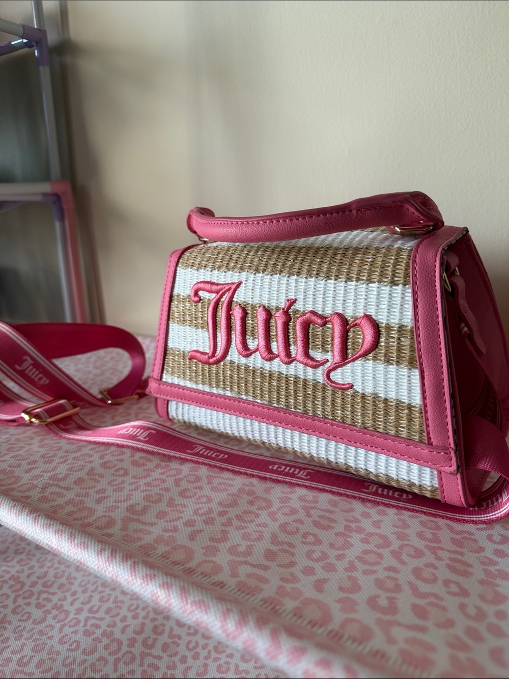 Juicy Couture Pink , tan and white Woven Crossbody Bag